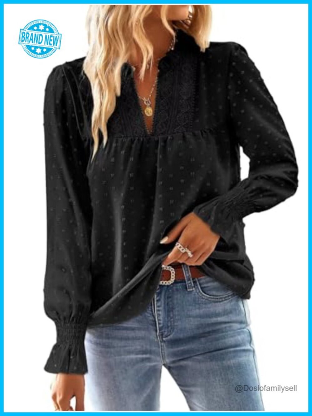 Womens Boho V-Neck Crochet Lace Blouse Long Sleeve Swiss Dot Top
